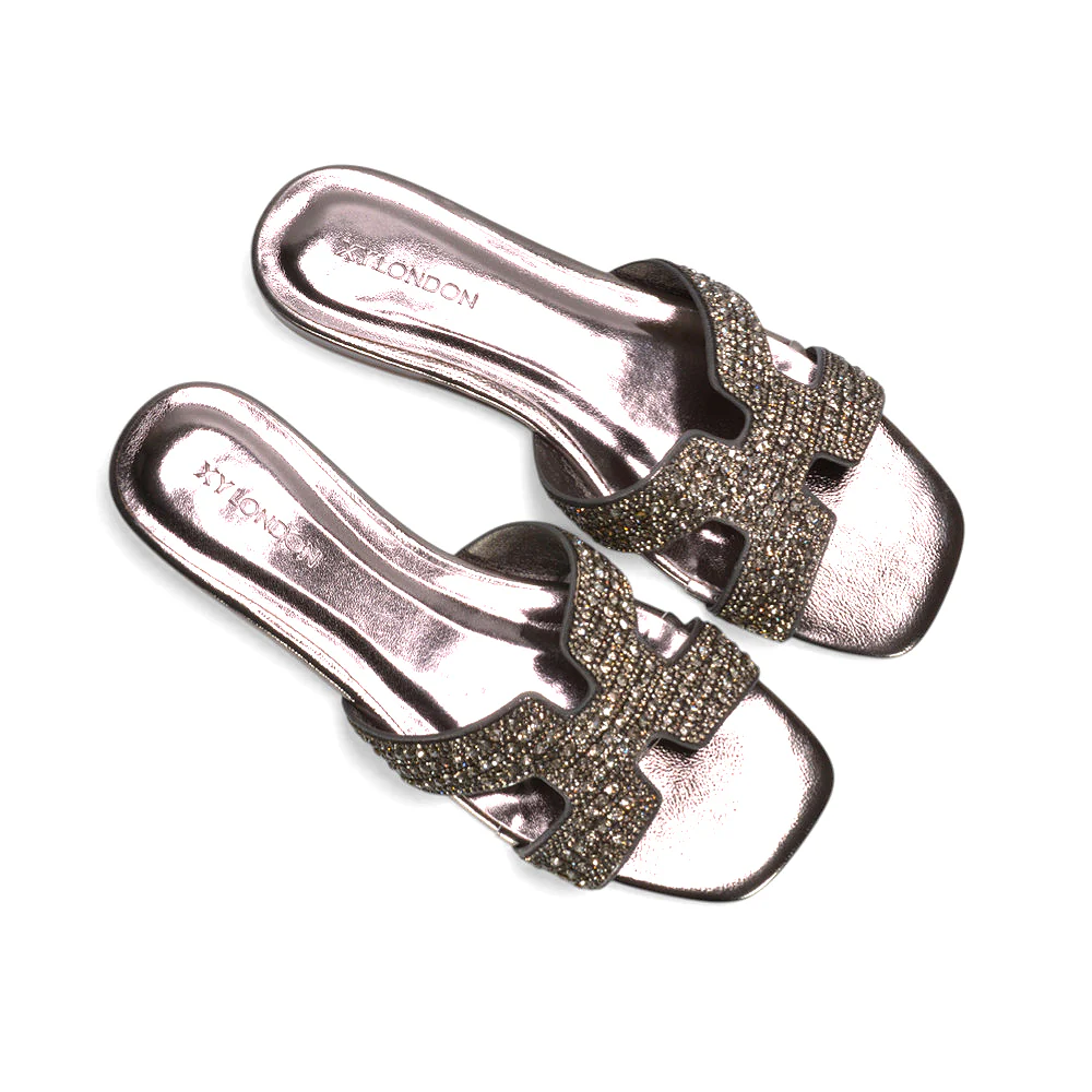Elanie Diamante Slip On Slider Cut Out Strap Flat Holiday Sandals in Silver Metallic - Image 8