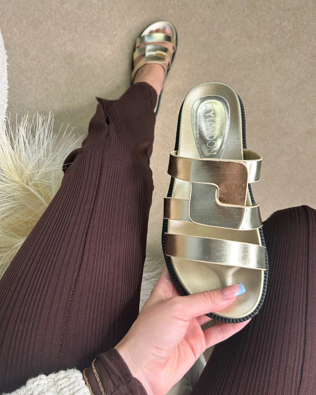 Eleanor Slip On Chunky Flat Sandals Comfortable Strappy Summer Slides in Gold Metallic - Image 2