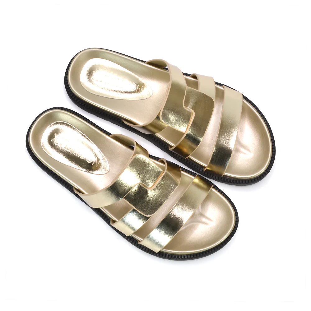 Eleanor Slip On Chunky Flat Sandals Comfortable Strappy Summer Slides in Black Synthetic Leather - Image 18