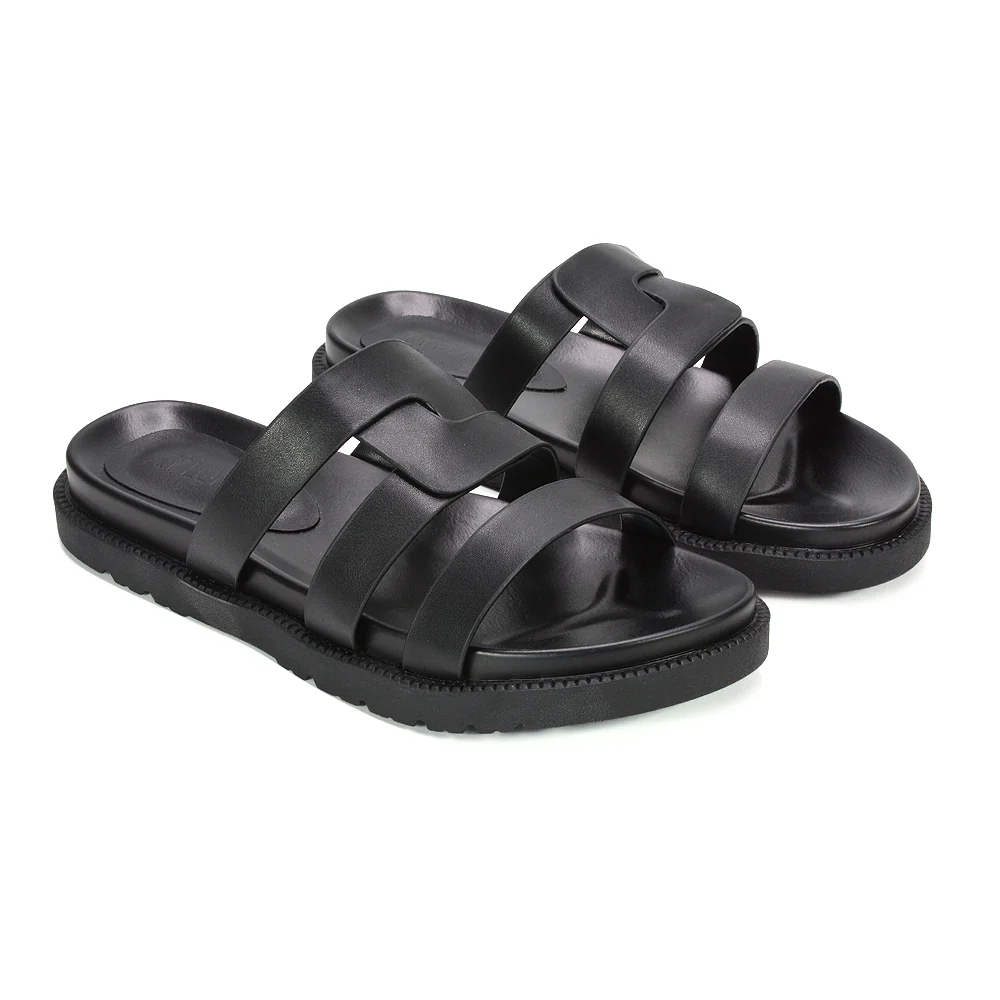 Eleanor Slip On Chunky Flat Sandals Comfortable Strappy Summer Slides in Black Synthetic Leather - Image 5