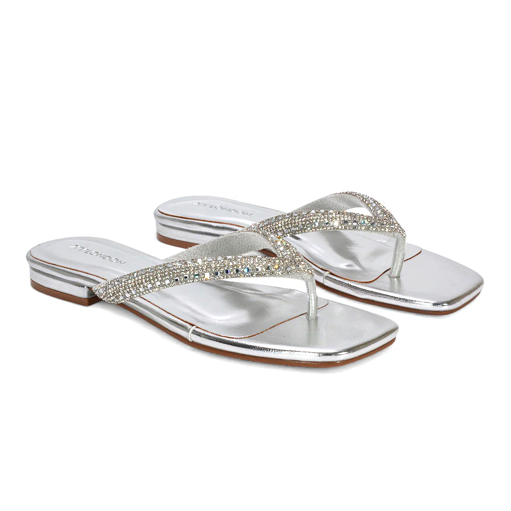 Eliana Square Toe Sparkly Flip Flop Summer Sandals in Gold Metallic - Image 15
