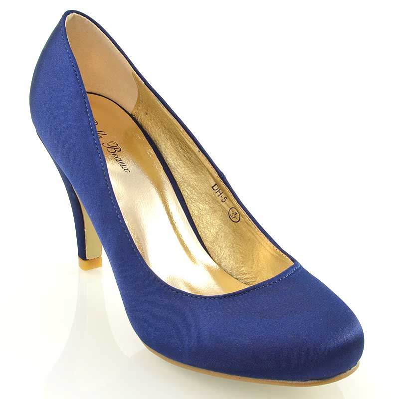 ELISABETH MID STILETTO HIGH WEDDING HEELS SLIP ON BRIDAL COURT SHOES IN NAVY SATIN - Image 7