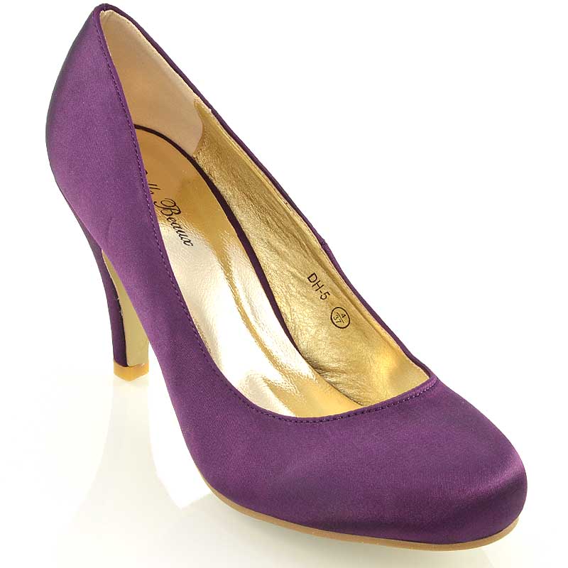 ELISABETH MID STILETTO HIGH WEDDING HEELS SLIP ON BRIDAL COURT SHOES IN PURPLE SATIN - Image 8