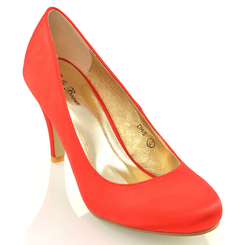 ELISABETH MID STILETTO HIGH WEDDING HEELS SLIP ON BRIDAL COURT SHOES IN RED SATIN - Image 3