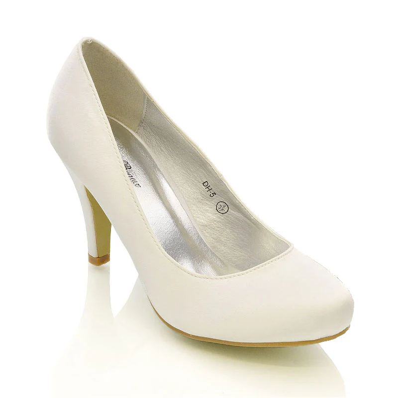 ELISABETH MID STILETTO HIGH WEDDING HEELS SLIP ON BRIDAL COURT SHOES IN WHITE SATIN - Image 10