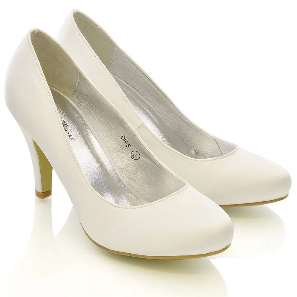 ELISABETH MID STILETTO HIGH WEDDING HEELS SLIP ON BRIDAL COURT SHOES IN WHITE SATIN - Image 9