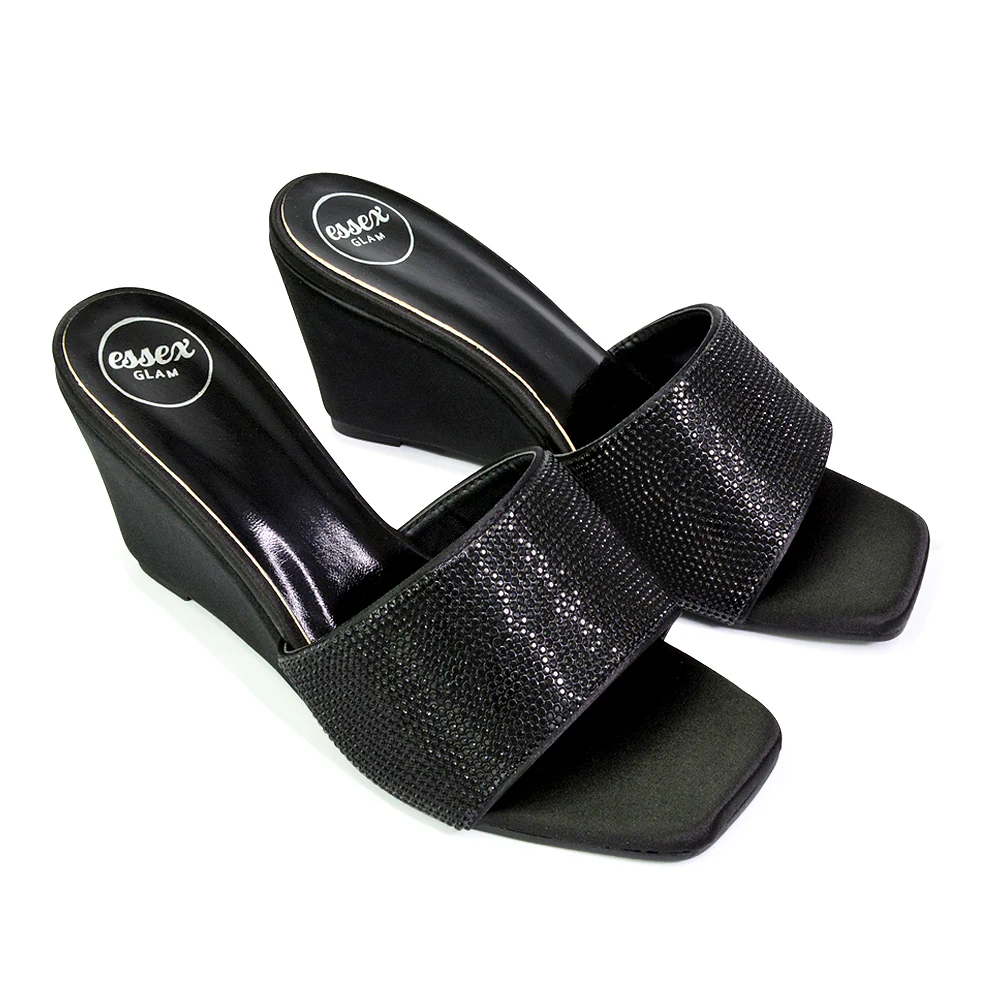 Eliza Slip On Mule Diamante Sandal Wedge Heels With Square Toe in Black - Image 86