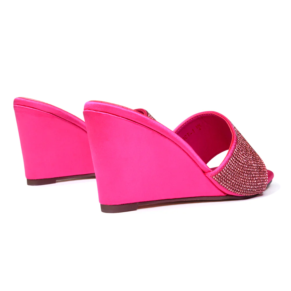 Eliza Slip On Mule Diamante Sandal Wedge Heels With Square Toe in Fuchsia - Image 12