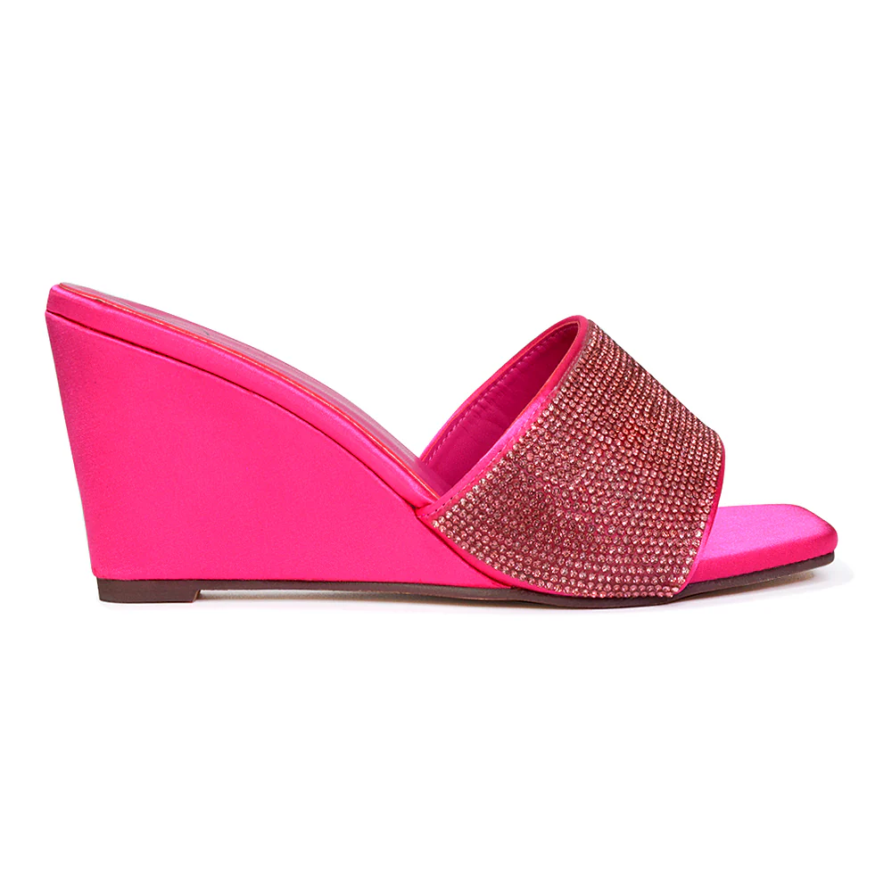 Eliza Slip On Mule Diamante Sandal Wedge Heels With Square Toe in Fuchsia - Image 28