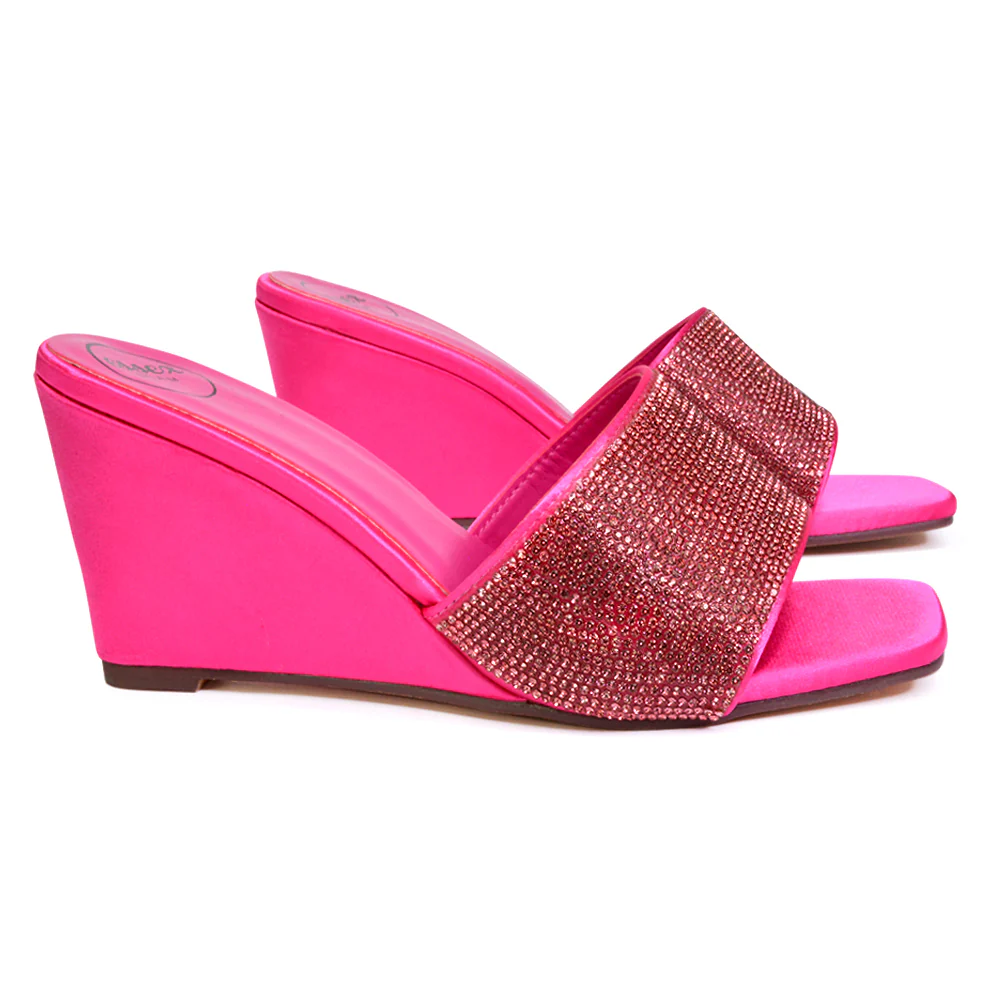 Eliza Slip On Mule Diamante Sandal Wedge Heels With Square Toe in Fuchsia - Image 30