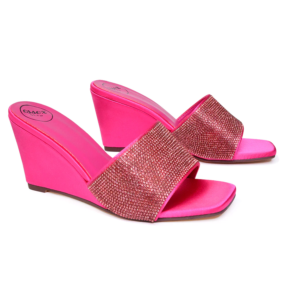 Eliza Slip On Mule Diamante Sandal Wedge Heels With Square Toe in Fuchsia - Image 31