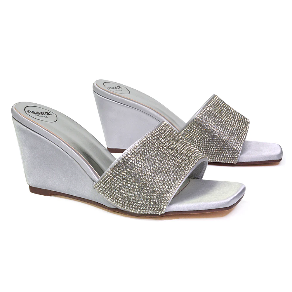 Eliza Slip On Mule Diamante Sandal Wedge Heels With Square Toe in Fuchsia - Image 41