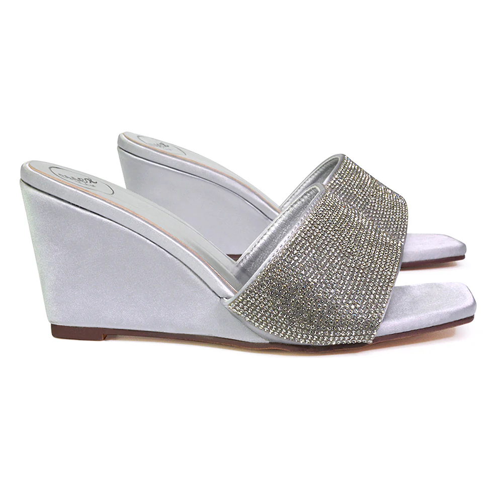 Eliza Slip On Mule Diamante Sandal Wedge Heels With Square Toe in Fuchsia - Image 60
