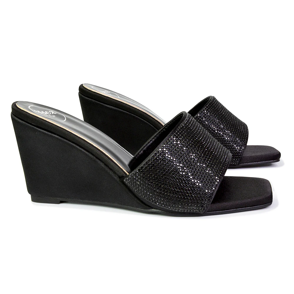 Eliza Slip On Mule Diamante Sandal Wedge Heels With Square Toe in Fuchsia - Image 75
