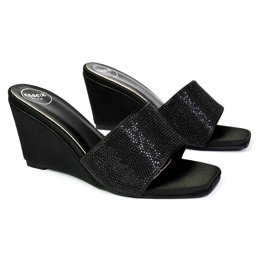 Eliza Slip On Mule Diamante Sandal Wedge Heels With Square Toe in Fuchsia - Image 89