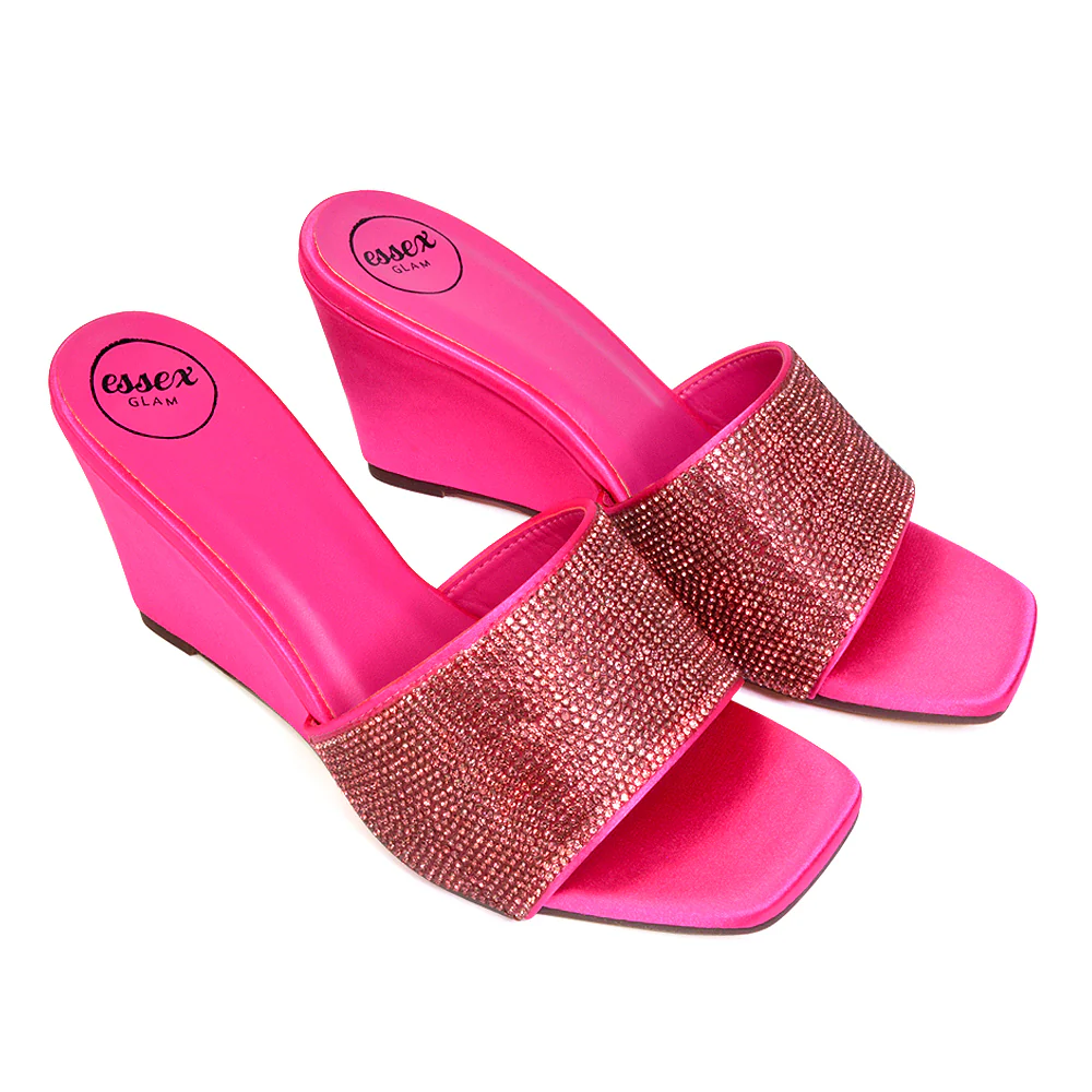 Eliza Slip On Mule Diamante Sandal Wedge Heels With Square Toe in Fuchsia - Image 9