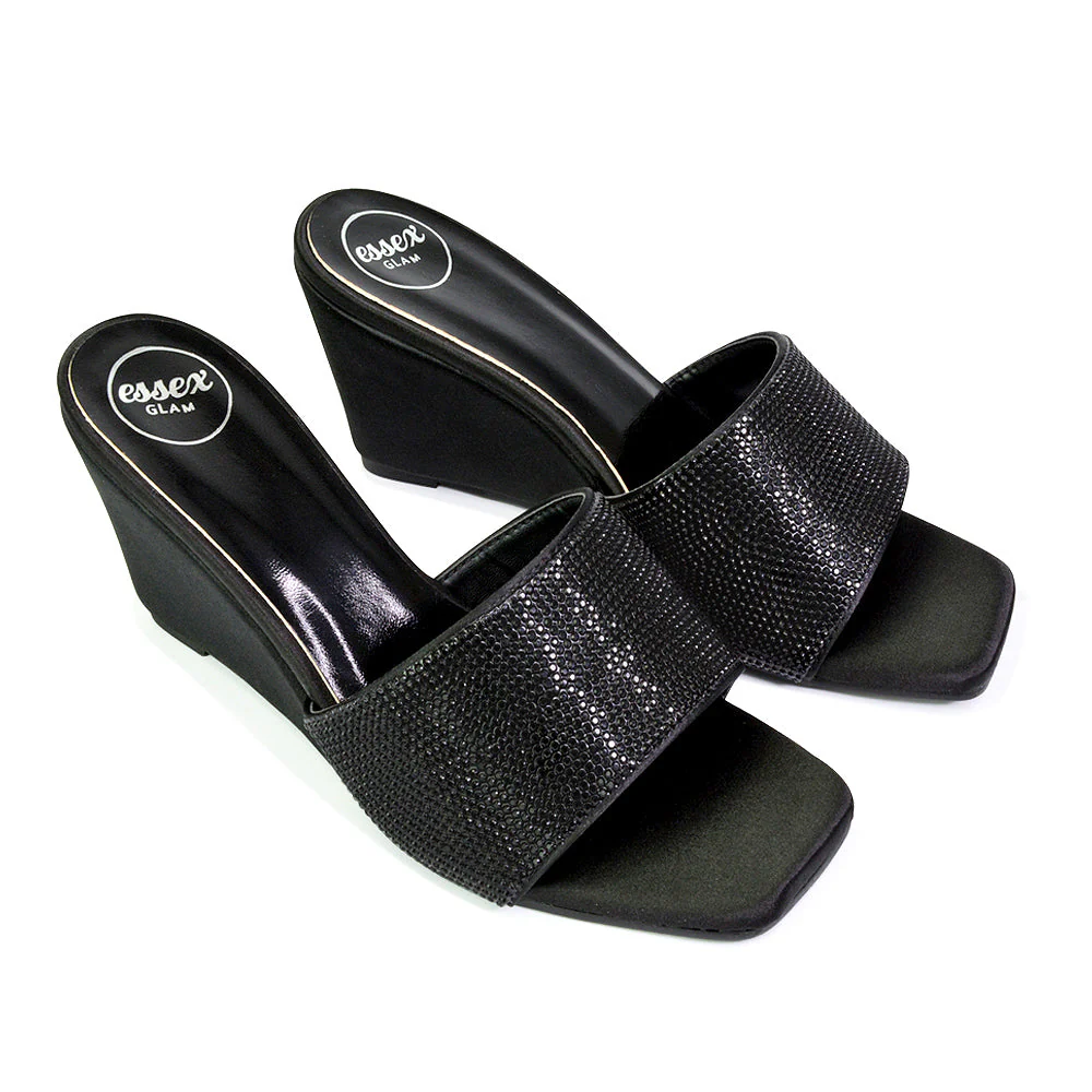 Eliza Slip On Mule Diamante Sandal Wedge Heels With Square Toe in Silver - Image 46