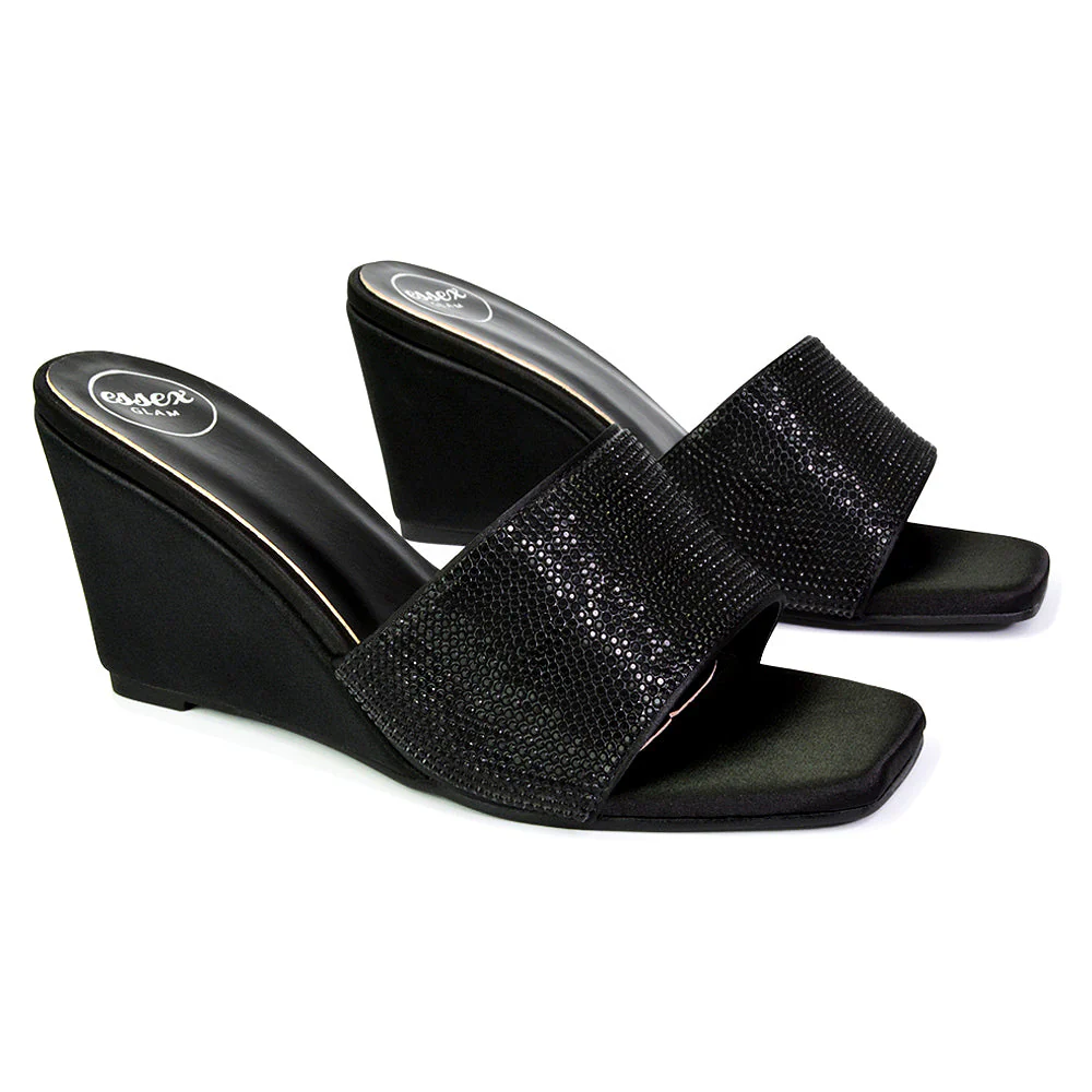 Eliza Slip On Mule Diamante Sandal Wedge Heels With Square Toe in Silver - Image 49