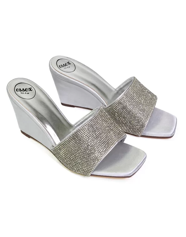 Eliza Slip On Mule Diamante Sandal Wedge Heels With Square Toe in Silver - Image 62