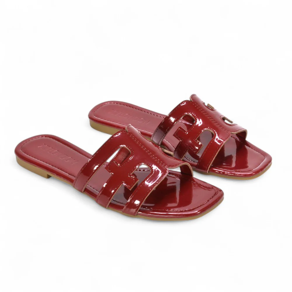 Ellie Summer Flat Slides with Square Toe and Cut-Out Strap in Black Patent - Image 9