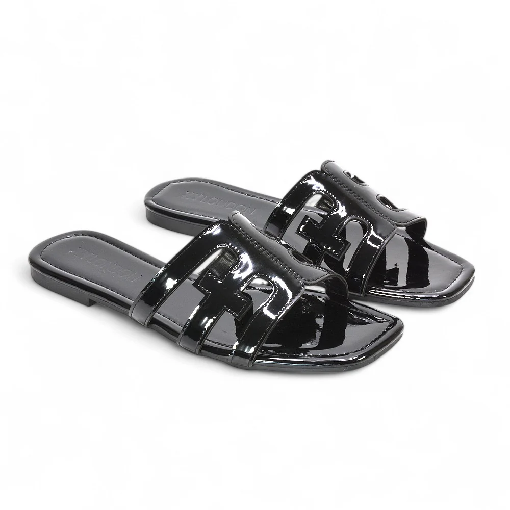 Ellie Summer Flat Slides with Square Toe and Cut-Out Strap in Black Patent - Image 4