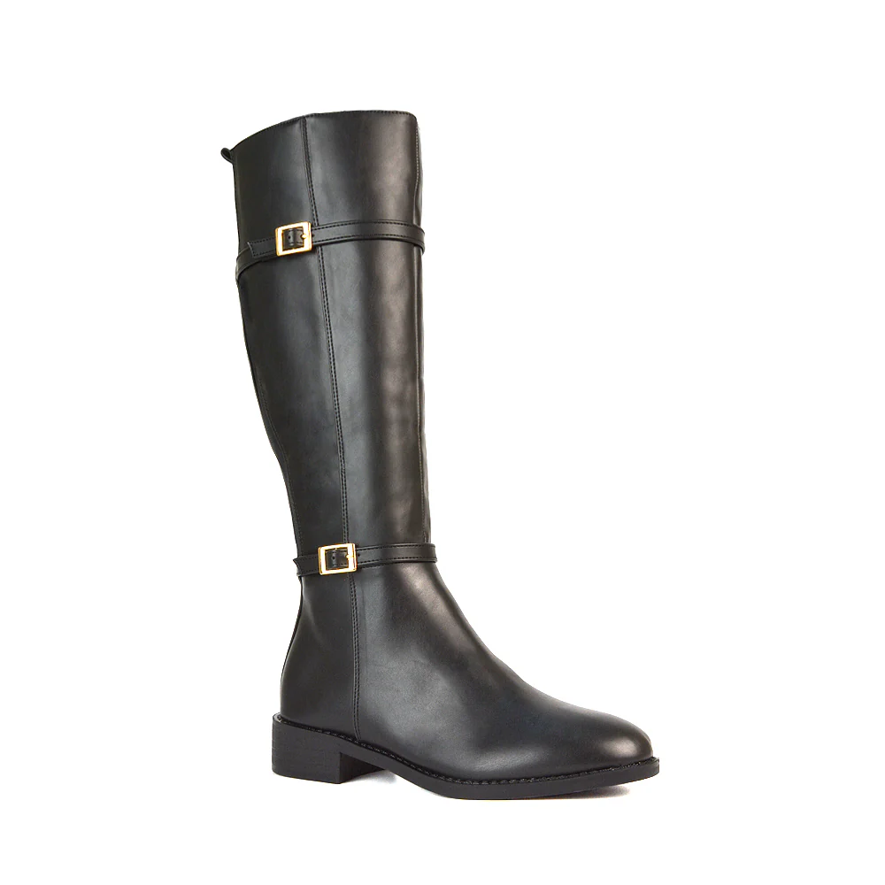 Ellis Flat Heel Stretch Knee High Winter Long Boots In Black Synthetic Leather - Image 5