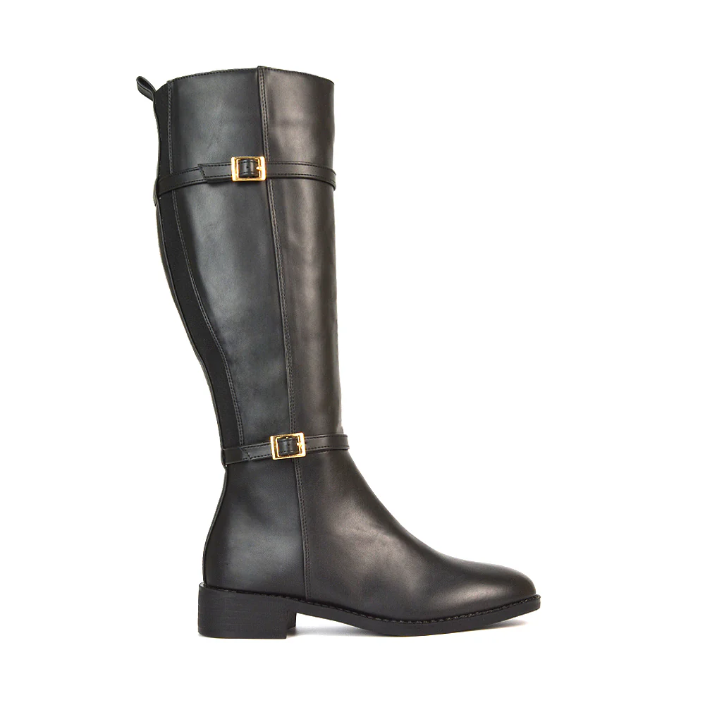 Ellis Flat Heel Stretch Knee High Winter Long Boots In Black Synthetic Leather - Image 6