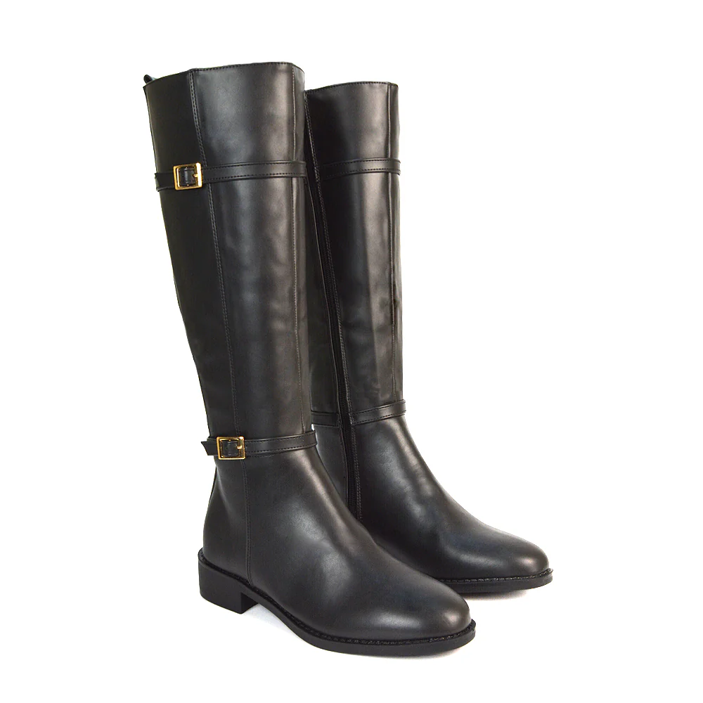 Ellis Flat Heel Stretch Knee High Winter Long Boots In Black Synthetic Leather - Image 2