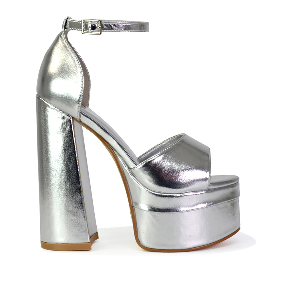 Elma Peep Toe Strappy Block High Heel Platform Sandals in Black Syntheitc Leather - Image 106