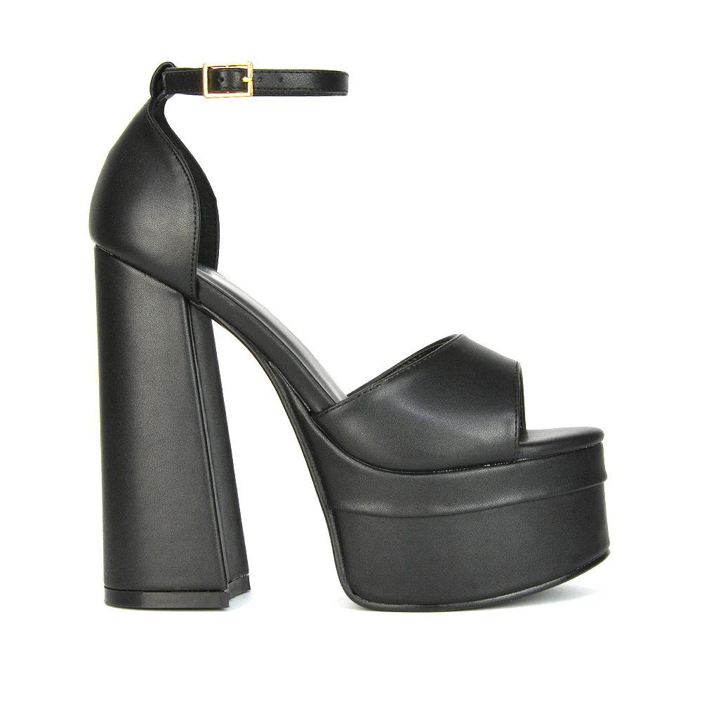 Elma Peep Toe Strappy Block High Heel Platform Sandals in Black Syntheitc Leather - Image 9