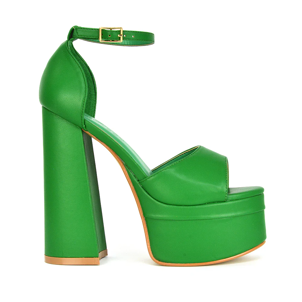 Elma Peep Toe Strappy Block High Heel Platform Sandals in Green Syntheitc Leather - Image 25