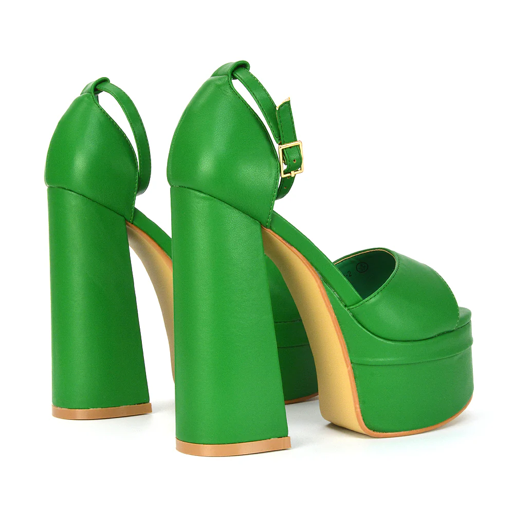 Elma Peep Toe Strappy Block High Heel Platform Sandals in Green Syntheitc Leather - Image 38