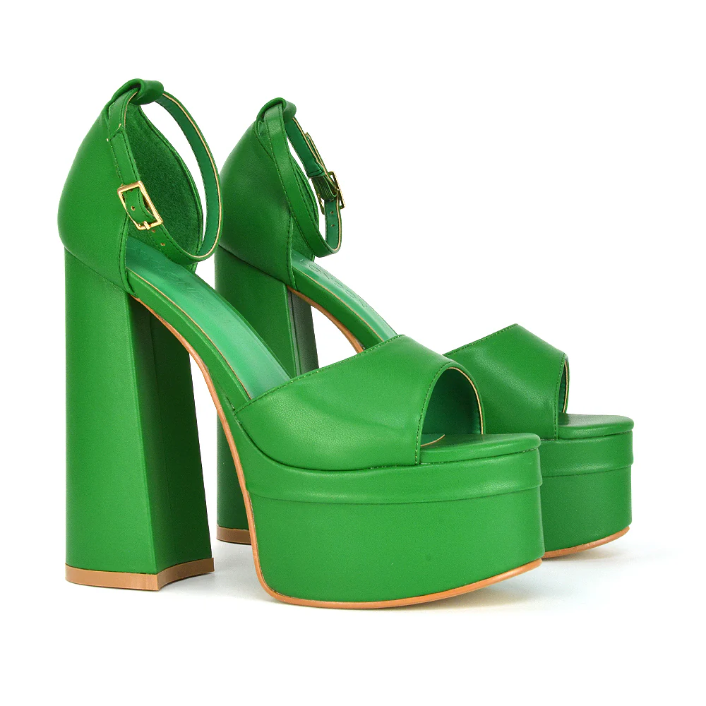 Elma Peep Toe Strappy Block High Heel Platform Sandals in Green Syntheitc Leather - Image 39