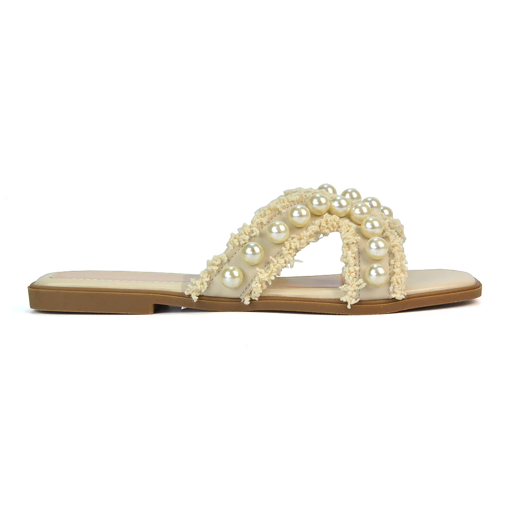 Elmas Cut Out Strap Flat Sandals Diamante Pearl Fringe Summer Shoes in Black - Image 6