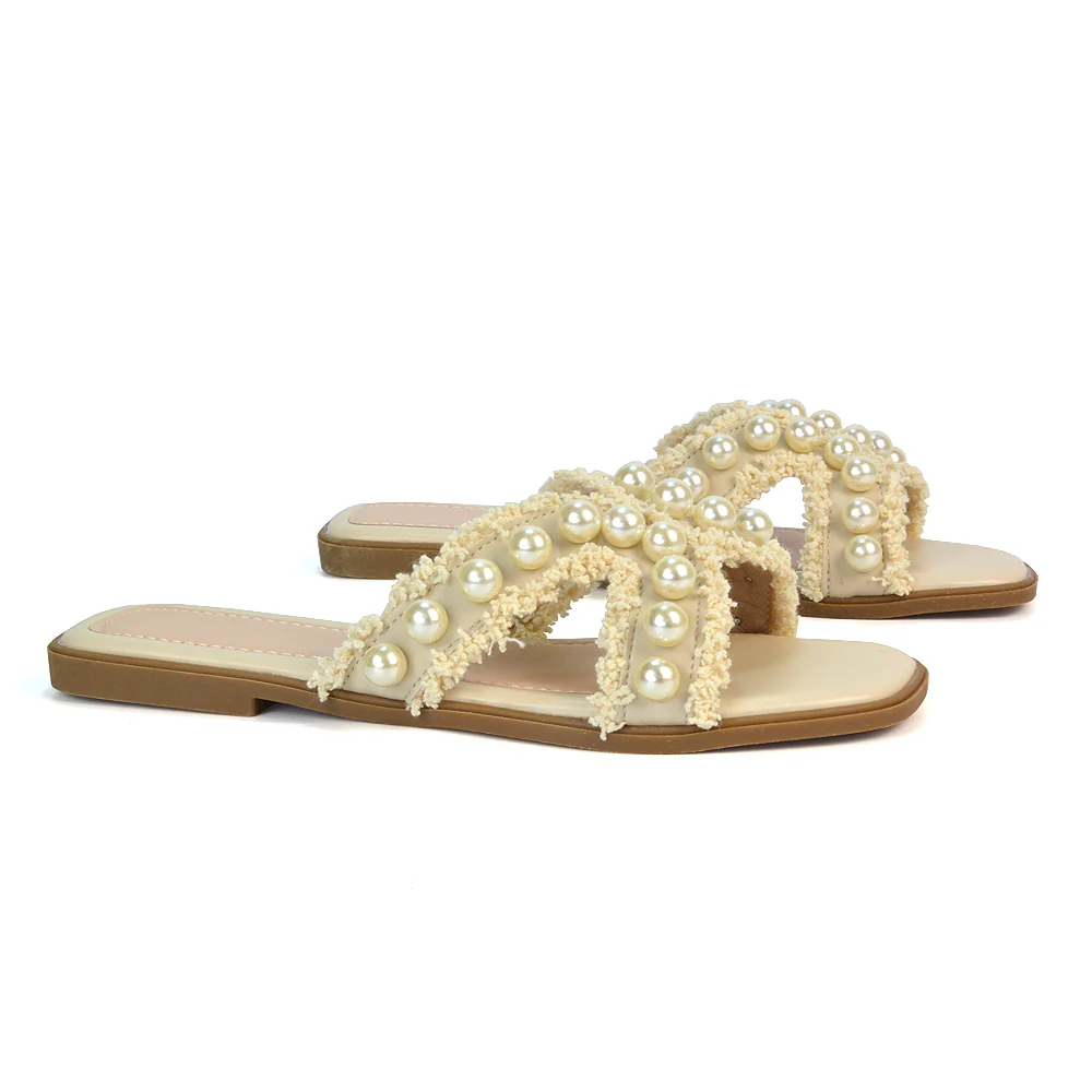 Elmas Cut Out Strap Flat Sandals Diamante Pearl Fringe Summer Shoes in Black - Image 9