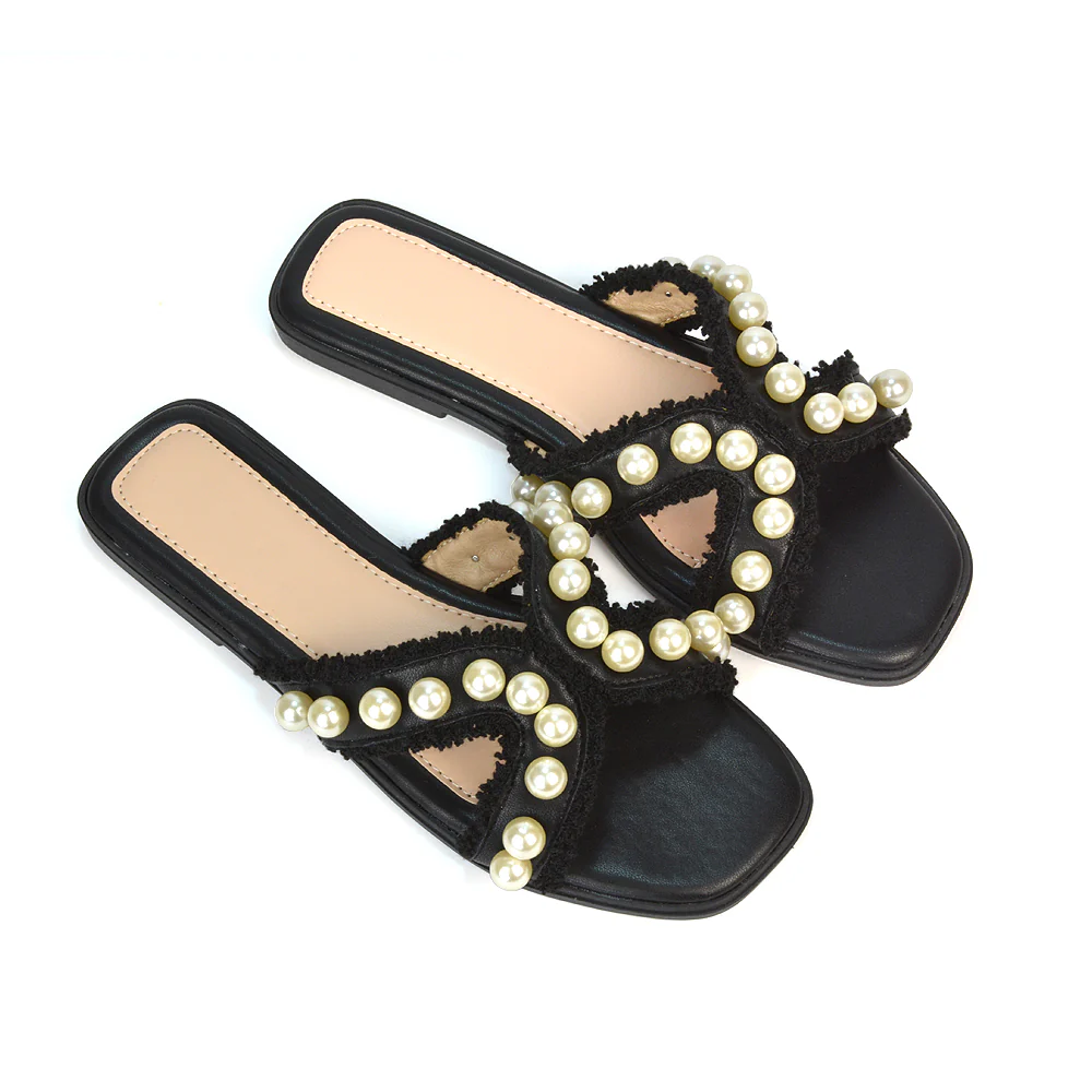 Elmas Cut Out Strap Flat Sandals Diamante Pearl Fringe Summer Shoes in Black - Image 2