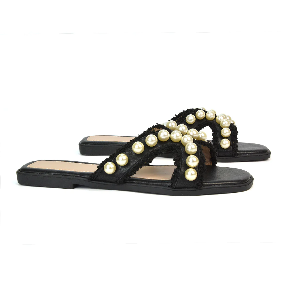 Elmas Cut Out Strap Flat Sandals Diamante Pearl Fringe Summer Shoes in Black - Image 4