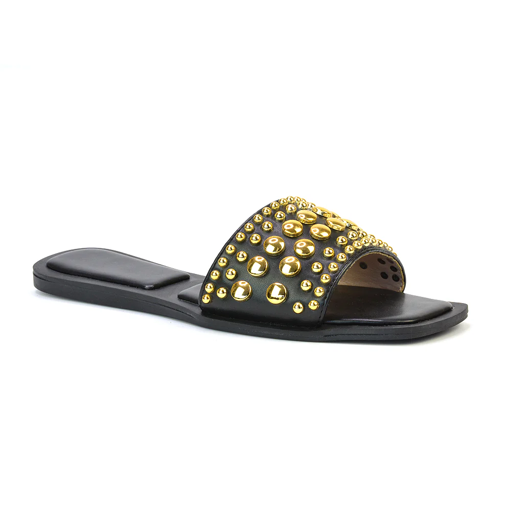 Elodie Studded Flat Heel Slide Sandals With Square Toe in Black - Image 108