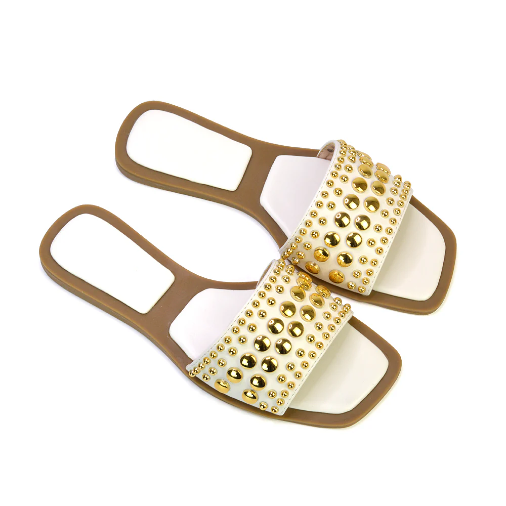 Elodie Studded Flat Heel Slide Sandals With Square Toe in Black - Image 25