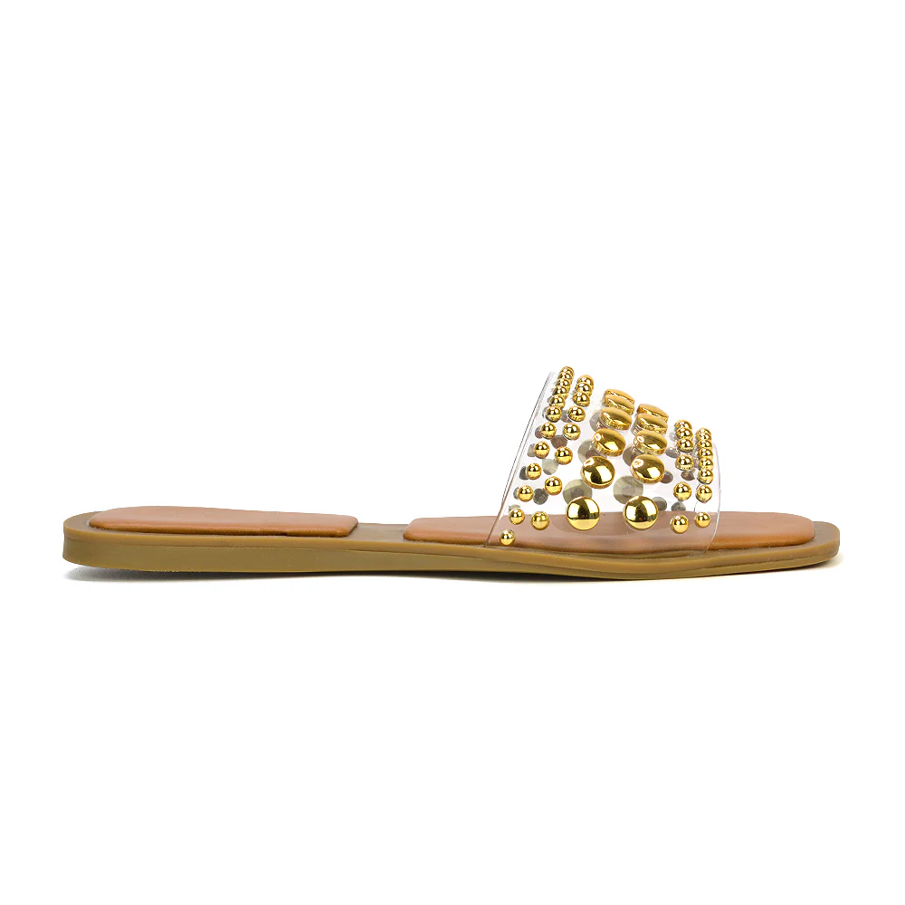 Elodie Studded Flat Heel Slide Sandals With Square Toe in Black - Image 39