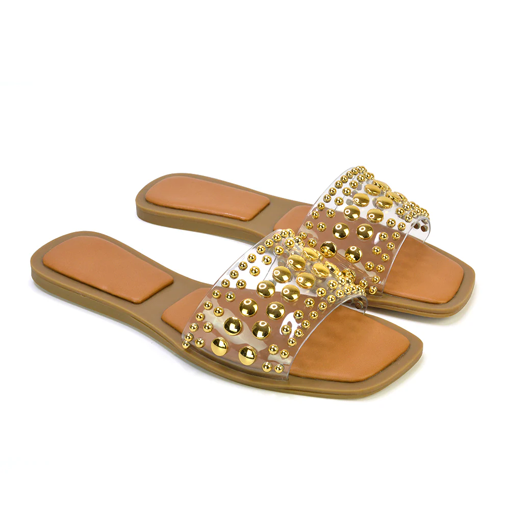Elodie Studded Flat Heel Slide Sandals With Square Toe in Black - Image 57