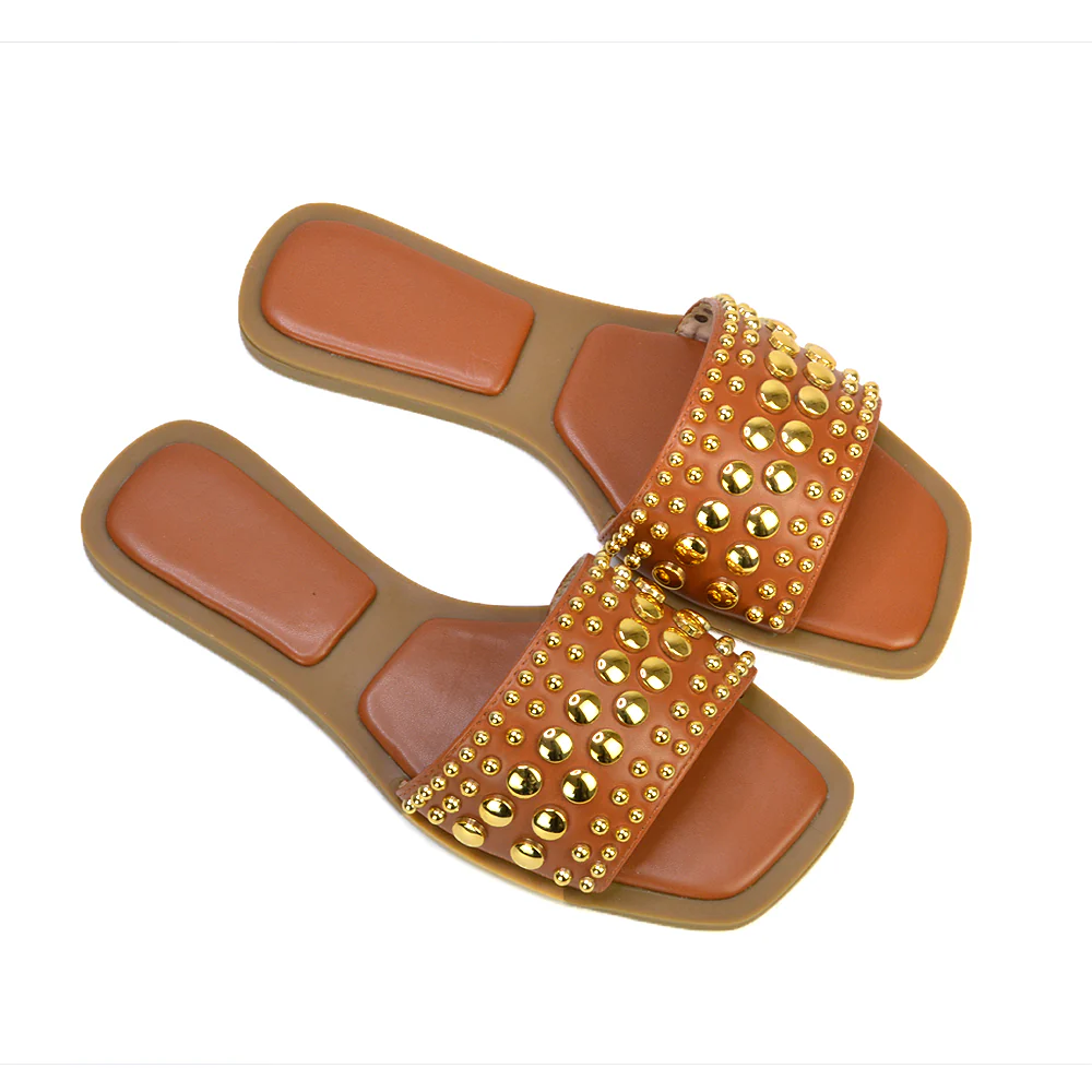 Elodie Studded Flat Heel Slide Sandals With Square Toe in Black - Image 85