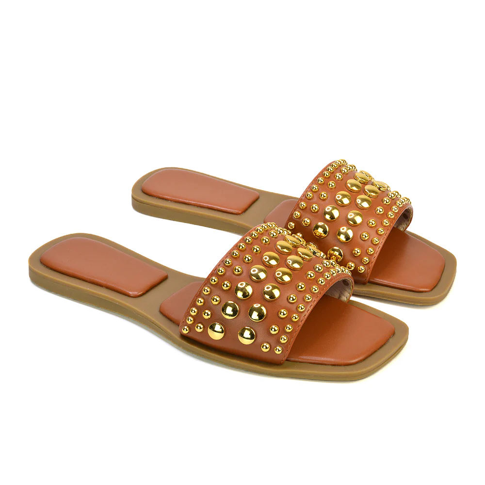 Elodie Studded Flat Heel Slide Sandals With Square Toe in Clear - Image 76