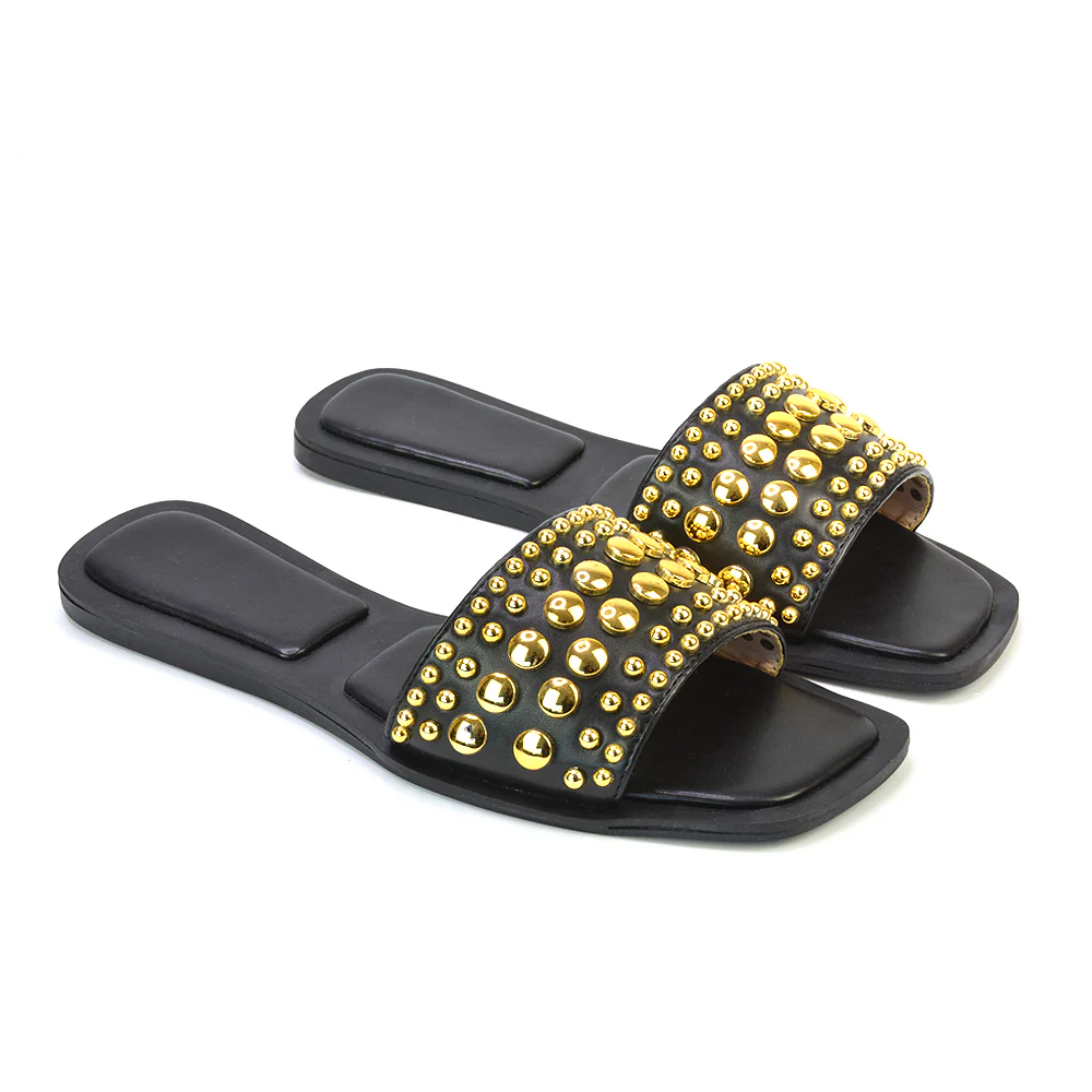 Elodie Studded Flat Heel Slide Sandals With Square Toe in Tan - Image 116