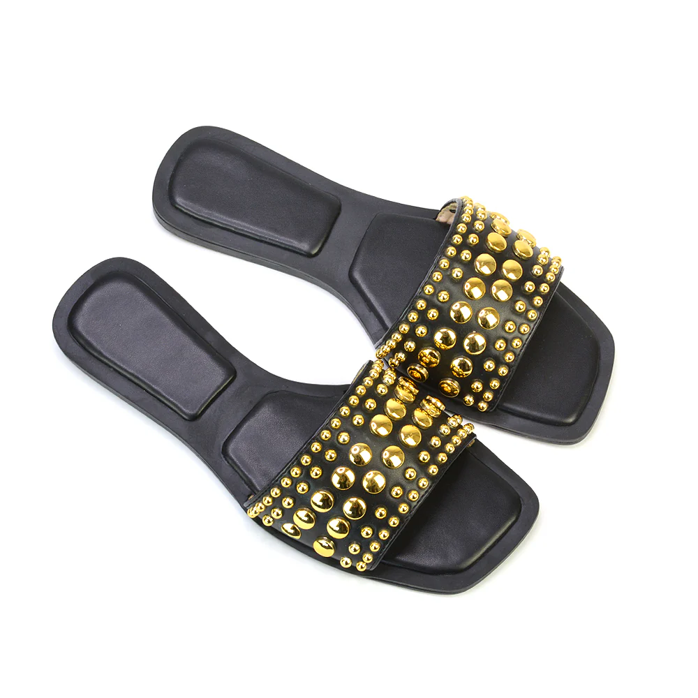 Elodie Studded Flat Heel Slide Sandals With Square Toe in Tan - Image 119