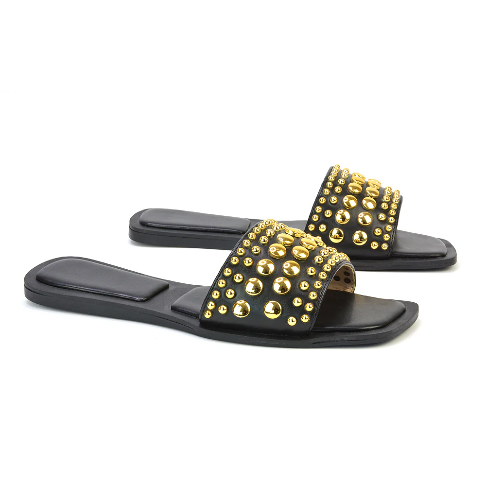 Elodie Studded Flat Heel Slide Sandals With Square Toe in Tan - Image 120