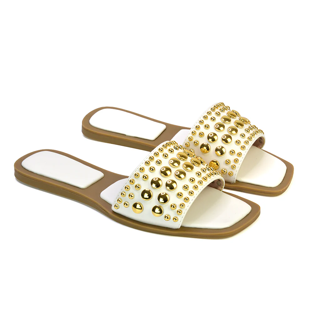 Elodie Studded Flat Heel Slide Sandals With Square Toe in Tan - Image 16
