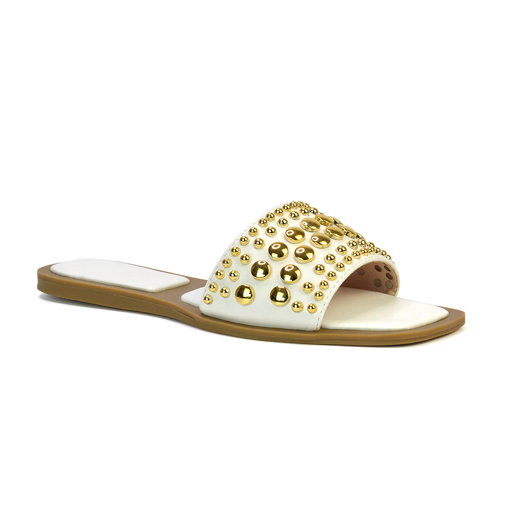 Elodie Studded Flat Heel Slide Sandals With Square Toe in Tan - Image 22