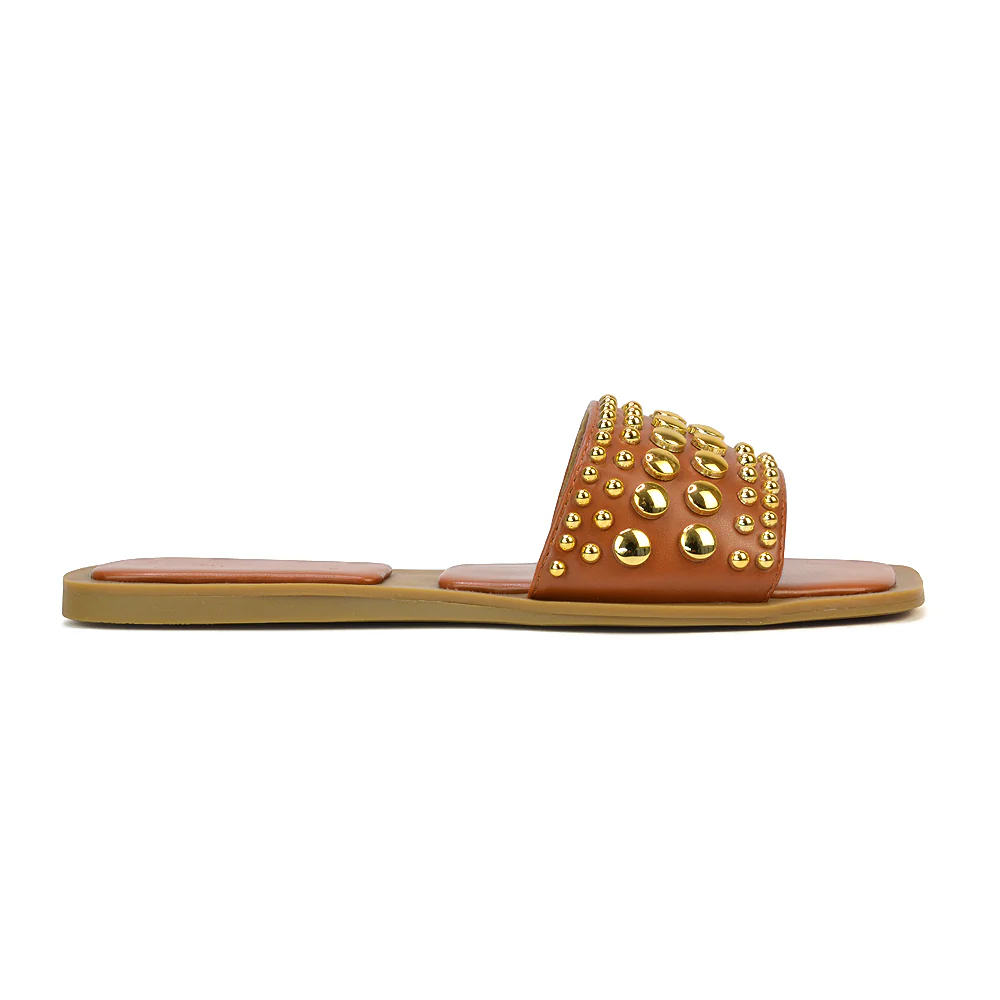 Elodie Studded Flat Heel Slide Sandals With Square Toe in Tan - Image 3