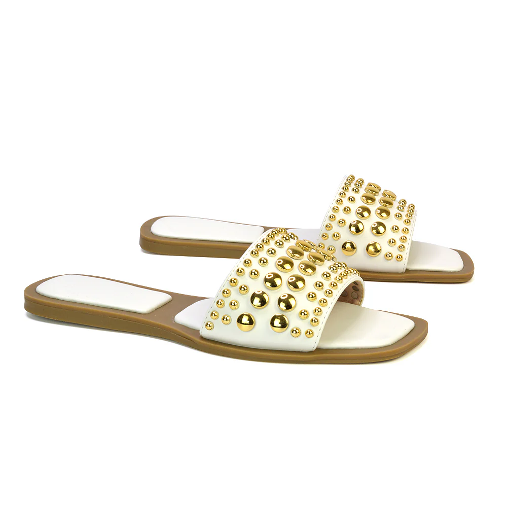 Elodie Studded Flat Heel Slide Sandals With Square Toe in Tan - Image 30
